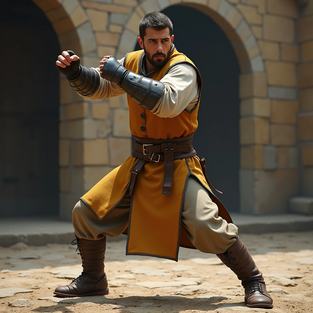 a commoner in a martial art combat stance, medieval heavy gauntlets, bread vetiment, medieval leather boots, closed fists, disarmed.