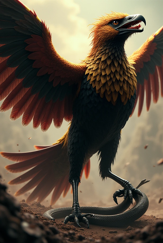 Do the Mockingjay from the Hunger Games but with a scorpion in its claws and a cobra in its beak.