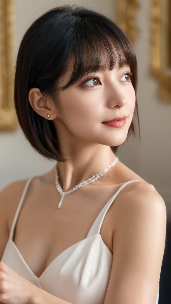 (masterpiece), best quality, expressive eyes, ultra detailed, intricate details, mature woman, looking at the viewer from side, holding up her decolletage with her hands, squeezing her decolletage, soft blush, soft smirk, bright lights, ((in the ballroom, 1girl)), (detached sleeves, shiny skin, bare shoulders, plunging v-line strapless gown, collarbone, black plunging v-neckline), parted bangs, black hair, hair ribbon, blue eyes, two side up
