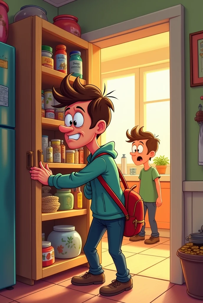 Easy image to draw a cartoon of a man looking for food in the pantry and his surprised partner Using the same character,  entering the kitchen and finding a backpack full of coins
