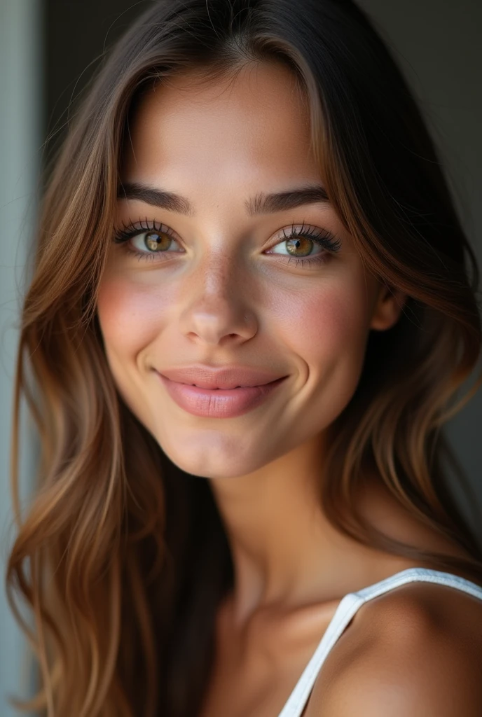 Close up of American girl with brown hair , no double chin pink lips big lashes light makeup