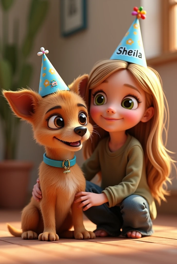 Disney Pixar style 3d render of a mini Australian terrier puppy , color camel, with straight hair and disheveled hair. Very skinny, Medium short hair With a happy face. He has a blue collar that says "Max" and with a birthday hat that says "Sheila" next to an -year-oirl w long blond hair, round face with big green eyes like slanted, wearing loose clothing, very comfortable. With a beautiful smile and a bonnet that says "Sheila".