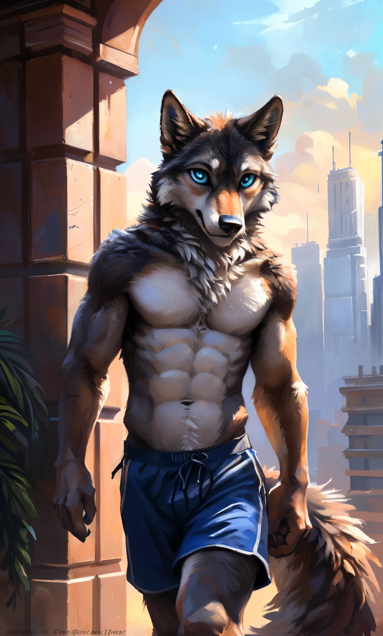 ((Solo)), male people, anthro wolf, (Multi-colored fur, White-brown:1.3,White tail pointed), (Height 2.1m,Tail length 1.2m), ((Wolf face, Big eyes, White eyelids, Blue pupil, Slim:1.2) (Tough, Calm expression:1.2)), Abs, Slim, pinging)), (Correct anatomy), (Work shorts:1.1), The upper body naked, (detailed outfits),A long big tail,Feet,(Realistic fur, Detailed fur texture, labeled:1.3)), (Natural lighting), Photorealistic, Hyperrealistic, ultradetailed, by Kenket,Modern city,erect through,Running on