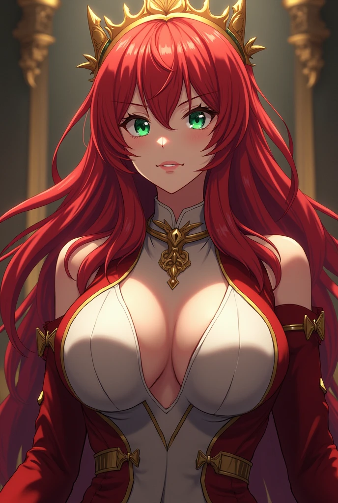 Generates images of a red-haired girl with bangs and Queen clothing, Anime version, who looks about 30 years old, serious look, huge breasts and green eyes

