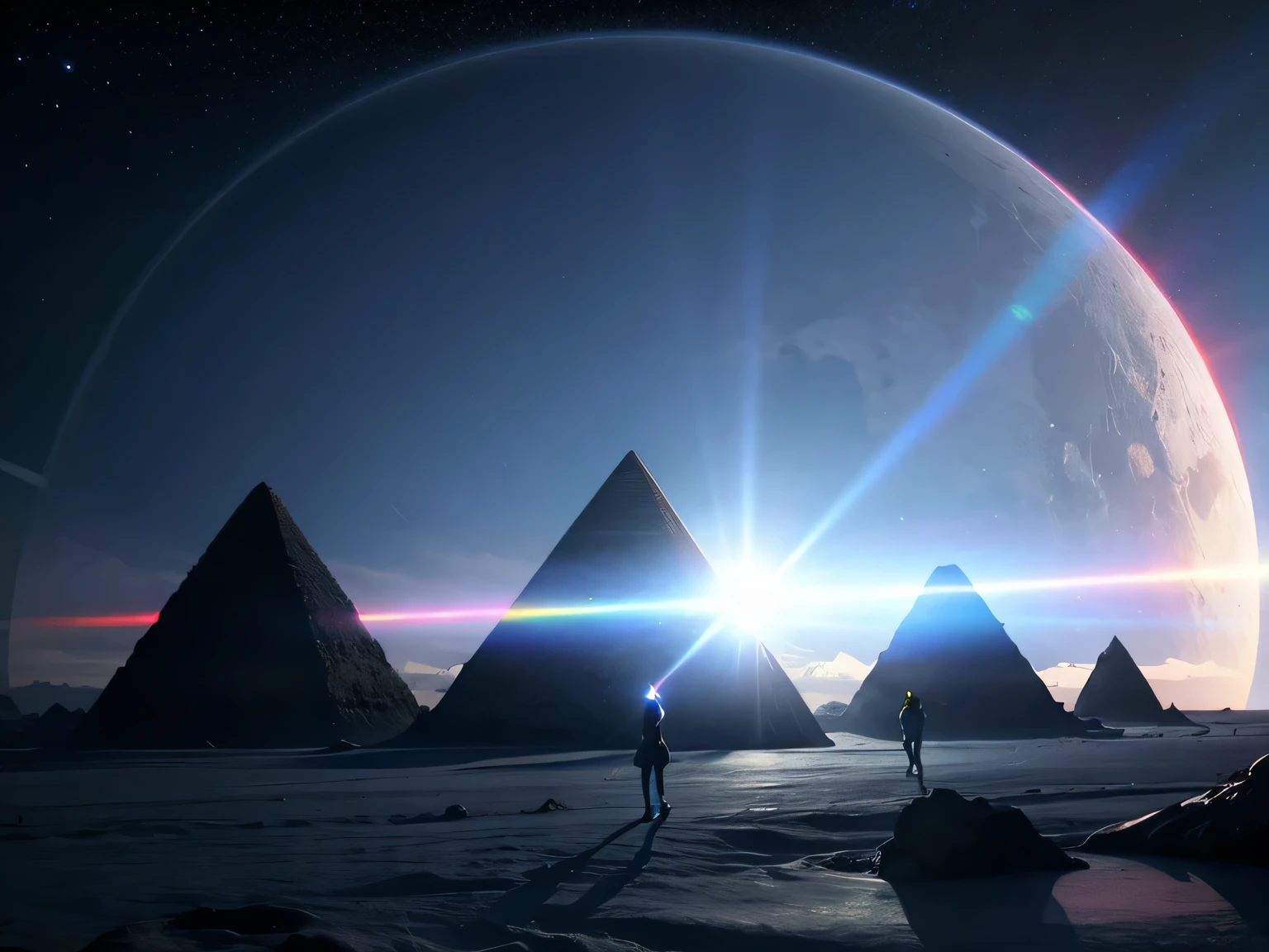 (RAW Photos, Highest quality), (Realistic, Photorealistic:1.3), 1 girl、Earrings、Realisticbody,Old space costume、Ancient、Boulder、Ancient Rites、Pyramid-shaped UFO from outer space、Laser light、