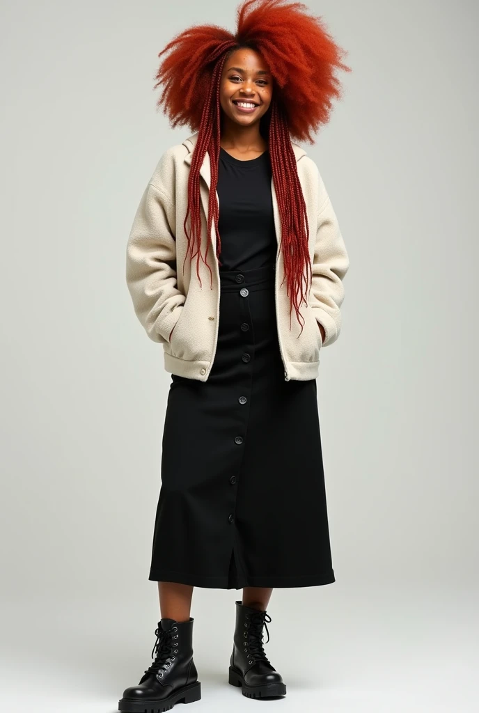 a real image of a young dark skinned woman with long red afro braids, with freckles on her face and a friendly smile, black t-shirt with a white jacket on top with a black mid-length skirt and boots, whole body
