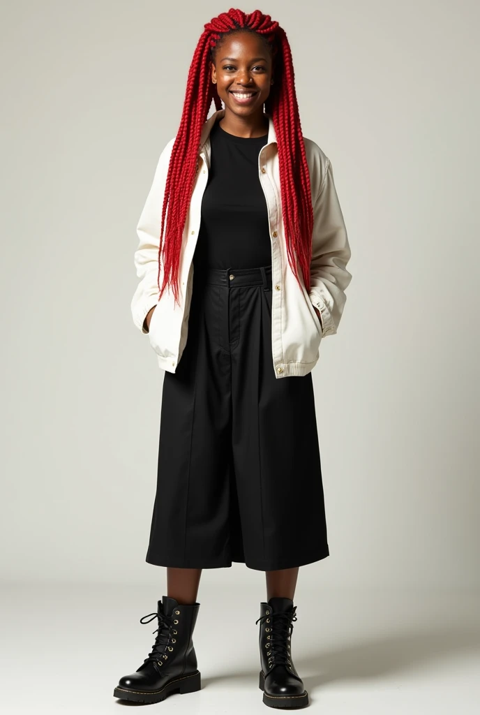 a real image of a young dark skinned woman with long red afro braids, with freckles on her face and a friendly smile, black t-shirt with a white jacket on top with a black mid-length skirt and boots, whole body