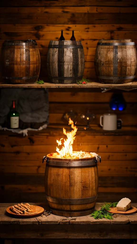 8k,Very detailed, masterpiece,High resolution,Highest quality,Increase the resolution,Cinema Lighting,Vessels made from animal bones,Primitive meat dishes,camp,Rum Rocks,whisky,Barrel