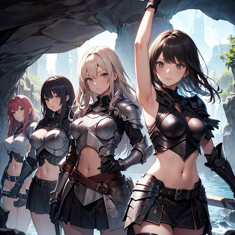 A group of female knight, (in forest), various hair styles, harem, wearing armored clothes, metal armor, night, details face, , short skirt, seducing, sword, showing armpits, sleeveless