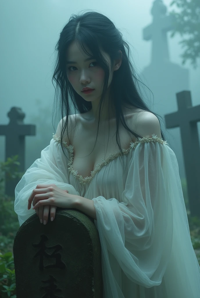 (Female ghost:1.7)、(((In the fog)))、((The body is blurred))、young woman、((Beauty))、Japanese、(cute)、1、((sexy))、Background Graveyard、(((Leaning on the grave)))、(((sexyな衣装)))、soul、(((The body is hidden by mist)))、(best quality,4K,8k,highres,masterpiece:1.2),ultra-detailed,(realistic,photorealistic,photo-realistic:1.37),HDR,uhd,studio lighting,ultra-fine painting,sharp focus,physically-based rendering,extreme detail description,professional,vivid colors,bokeh,cinematic lighting,dramatic shadow,