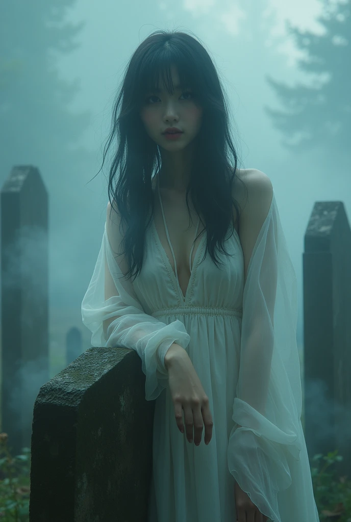 (Female ghost:1.7)、(((In the fog)))、((The body is blurred))、young woman、((Beauty))、Japanese、(cute)、1、((sexy))、Background Graveyard、(((Leaning on the grave)))、(((sexyな衣装)))、soul、(((The body is hidden by mist)))、(best quality,4K,8k,highres,masterpiece:1.2),ultra-detailed,(realistic,photorealistic,photo-realistic:1.37),HDR,uhd,studio lighting,ultra-fine painting,sharp focus,physically-based rendering,extreme detail description,professional,vivid colors,bokeh,cinematic lighting,dramatic shadow,