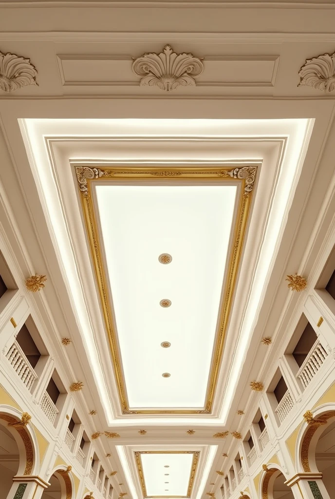 White and golden palace theme false ceiling for a banquet of 3000 sqft. Divide the ceiling in 3 parts with rectangle mouldings