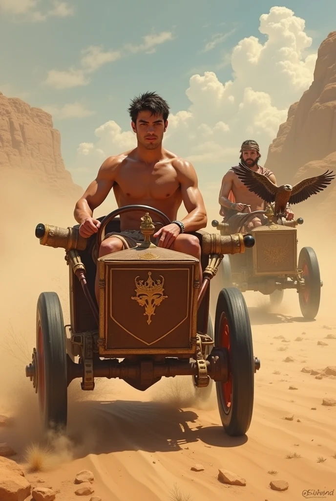 A young skinny prince white skin beautiful face handsome shirtless in a small Roman carriage with 4 horses in the desert miestras otro romano lo persigue en otro caruaje con un alcon
