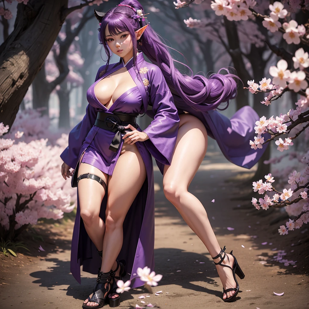 girl, , bright skin, long purple hair, braided into one ponytail, purple eyes, white yukata with open legs and sakura petals, slim, nice legs, black belt, black gloves, purple sakura flowers, purple long cloak, detailing,  ideal, red and black bracelets on legs and arms, wooden shoes with thick high heels, Kanzashi, big breasts, big ass, elf