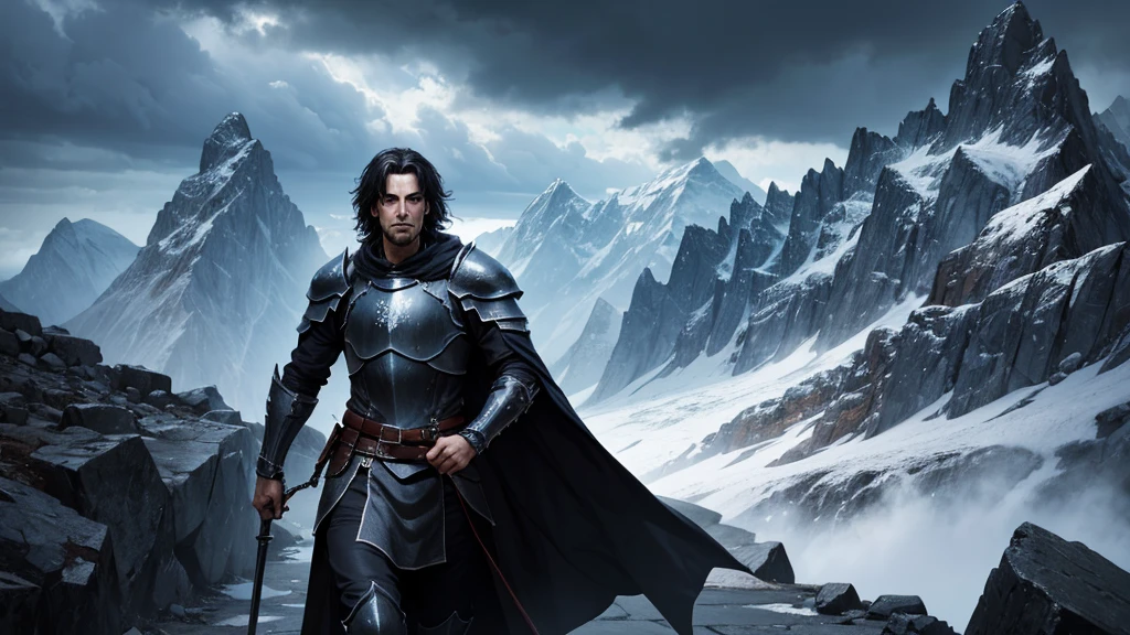 3/4 portrait of a fantasy black knight, dark cloudy weather, jagged mountain background,