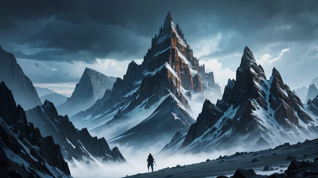 3/4 portrait of a fantasy black knight, dark cloudy weather, jagged mountain background, 