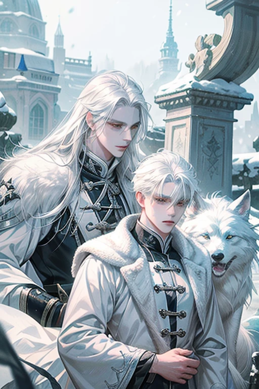 A man with white hair and a white dog in a snowy area, zorro de by white, by Yang J, by white, by white deity, with long white hair, de by white, with long white hair, a white wolf, white fox anime, by the whites, Handsome boy in Demon Slayer art, god of winter, wlop and sakimichan