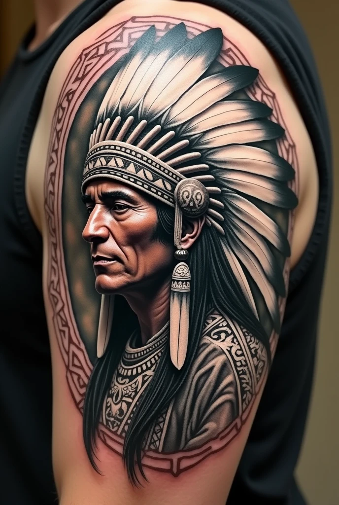 Make me a drawing for a realistic tattoo of an Inca Apache depicting the Apache god with his white headdress 