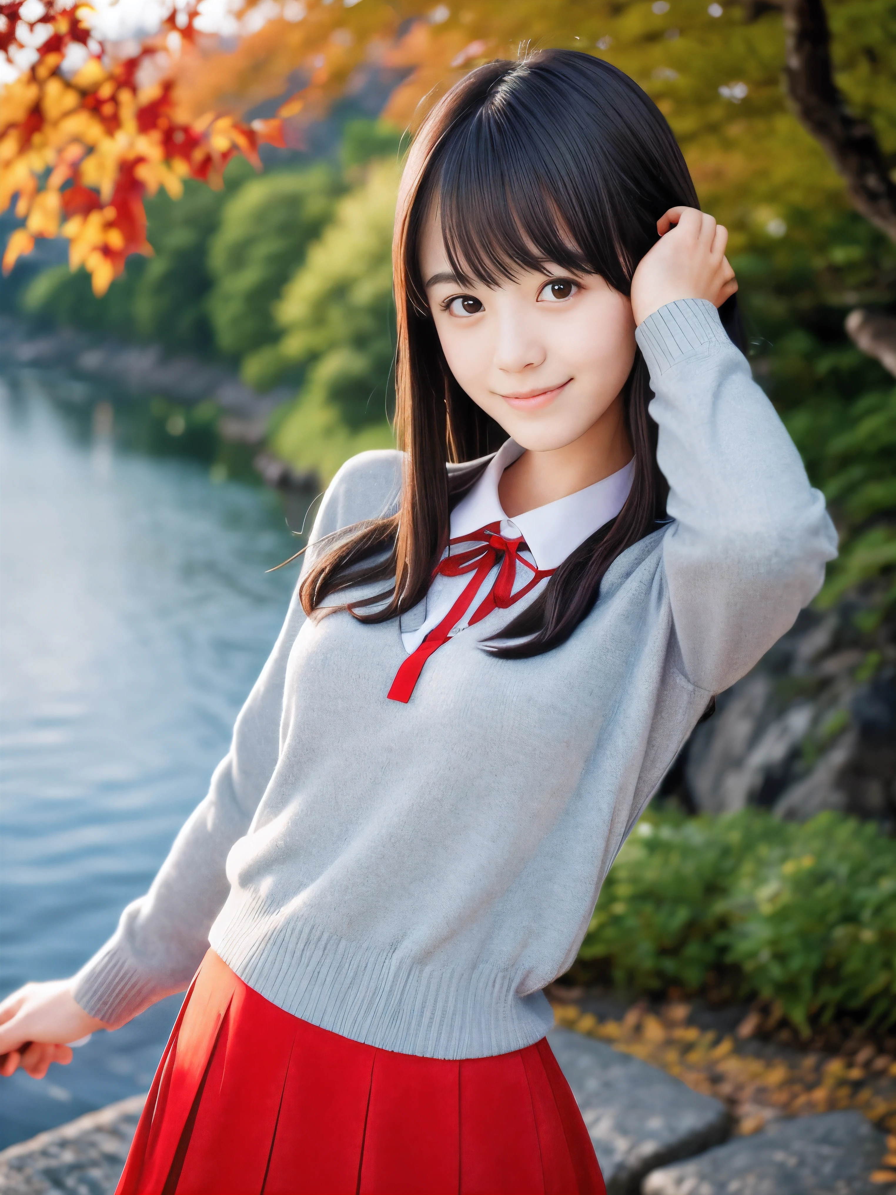 (Close up face shot of one slender small breasts dark silver long hair with swept bangs girl in a long sleeves shirt and sweater and skirt:1.5)、(One girl is dancing with happy smile on the dart road near the lake and big waterfall in Japan:1.5)、(Beautiful autumn red leaves landscpe:1.5)、(Natural light:1.5)、(8k ultra detailed master piece:1.5)、(perfect anatomy:1.5)、(Photorealistic stick:1.5)、(Raw photo:1.3)、(highest quality:1.5)、(High resolution:1.3)、(Delicate and beautiful perfect face:1.3)、(Delicate and beautiful eye air skin:1.3)、(Real Human Skin:1.3)、((thin legs))