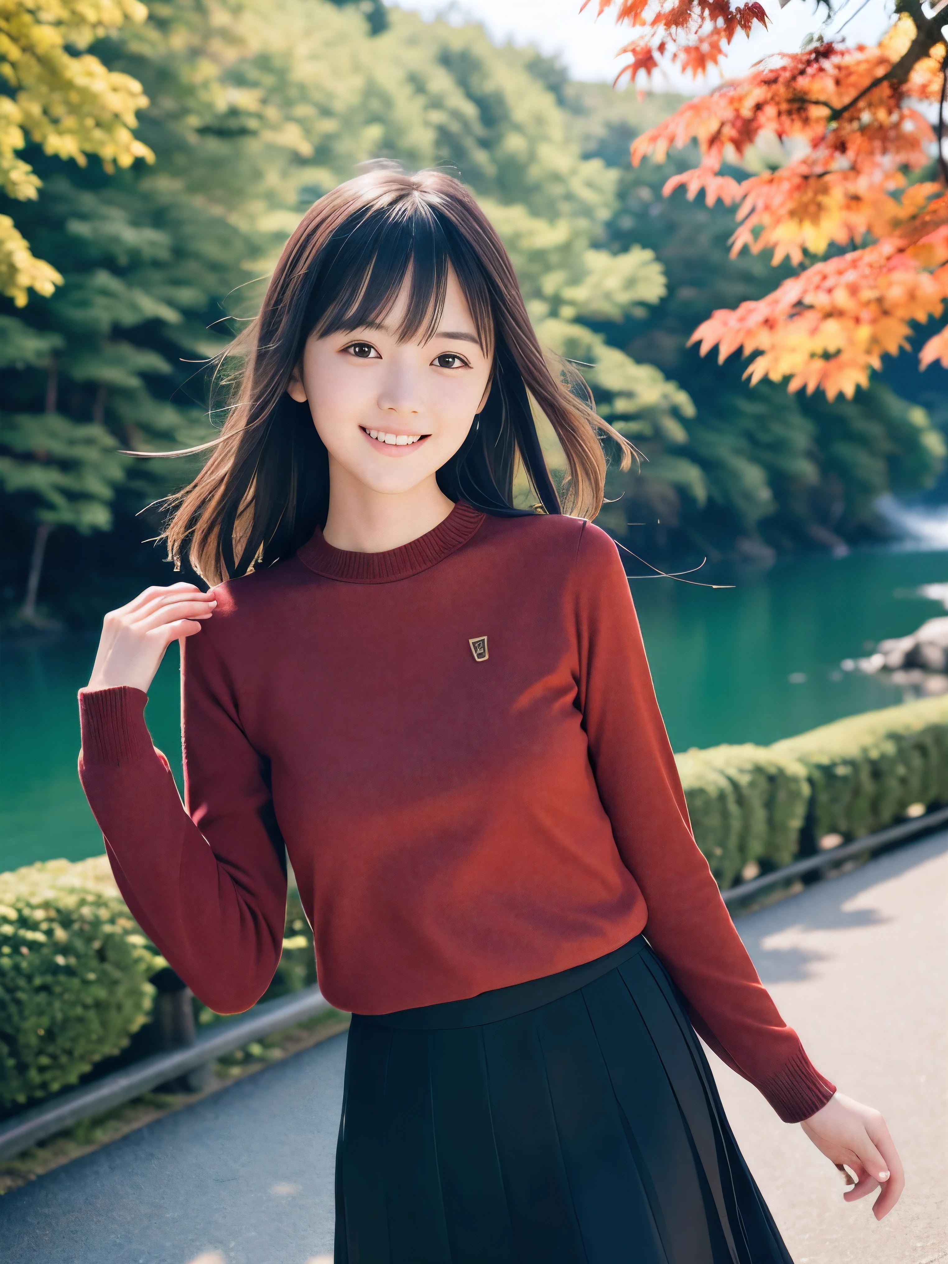 (Close up face shot of one slender small breasts two side up black medium hair with bangs girl in a long sleeves shirt and sweater and skirt:1.5)、(One girl is dancing with happy smile on the dart road near the lake and big waterfall in Japan:1.5)、(Beautiful autumn red leaves landscpe:1.5)、(Natural light:1.5)、(8k ultra detailed master piece:1.5)、(perfect anatomy:1.5)、(Photorealistic stick:1.5)、(Raw photo:1.3)、(highest quality:1.5)、(High resolution:1.3)、(Delicate and beautiful perfect face:1.3)、(Delicate and beautiful eye air skin:1.3)、(Real Human Skin:1.3)、((thin legs))