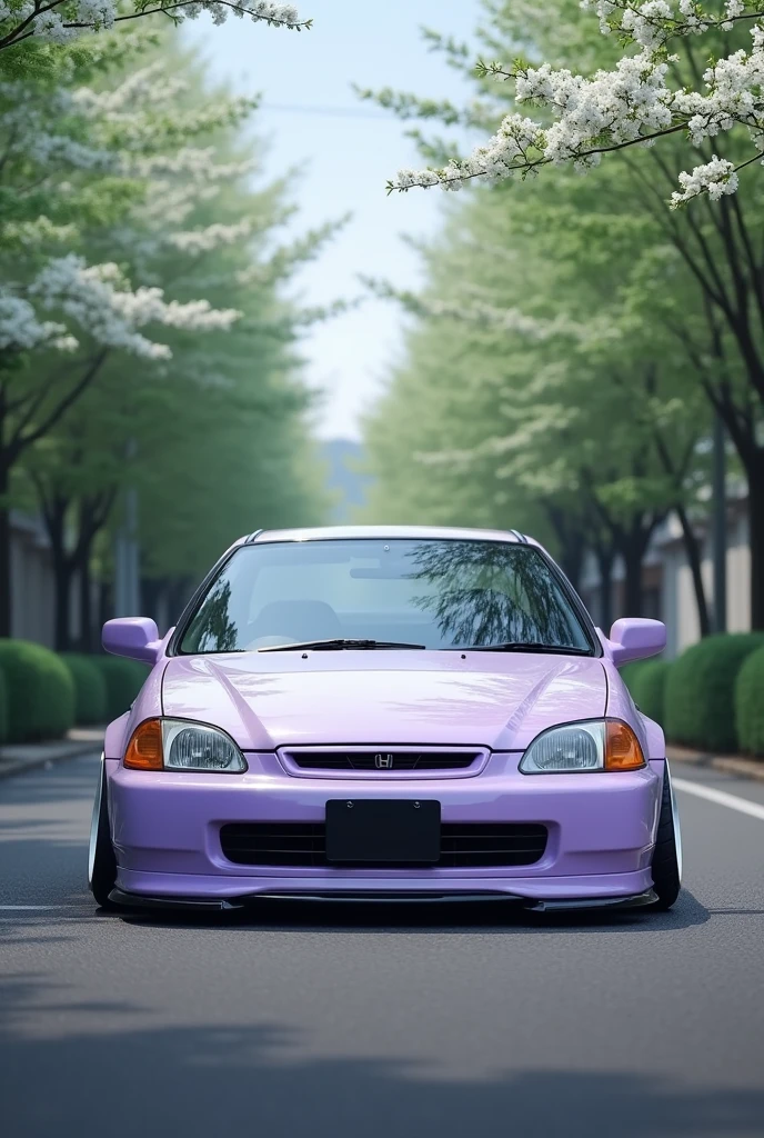 A 1995 Honda Civic with no license plate, lavender color, with a front lip and simple side skirts and white wheels in front of trees with white flowers on a street in Japan in wallpaper format
