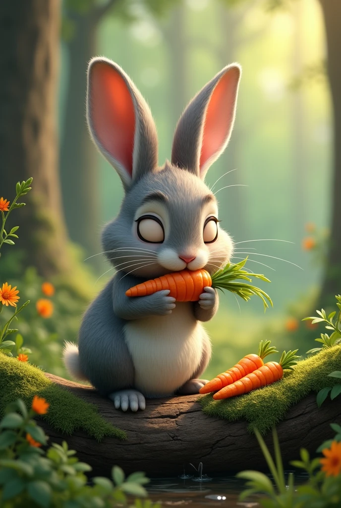 Wild rabbit eating carrot on a log