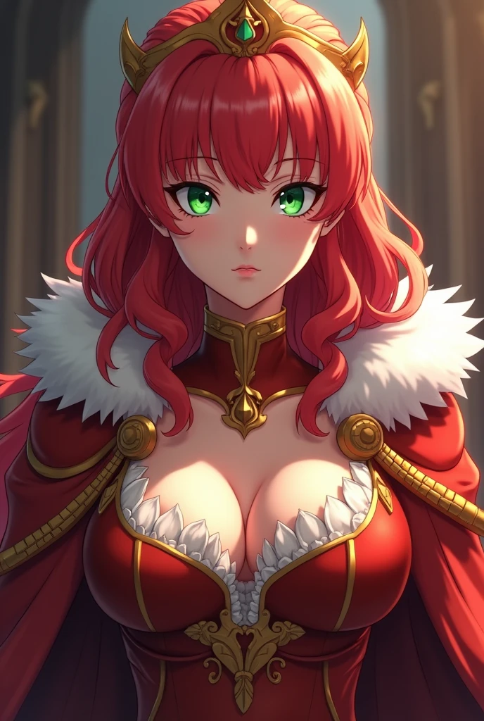 Generates images of a red-haired girl with bangs and Queen clothing, Anime version, who looks about 30 years old, serious look, huge breasts and green eyes