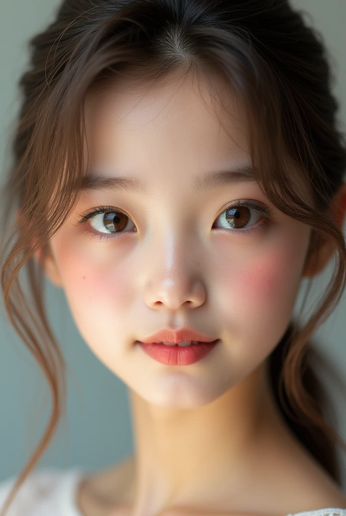 Close up of American girl with brown hair , no double chin pink lips big lashes light makeup not smiling