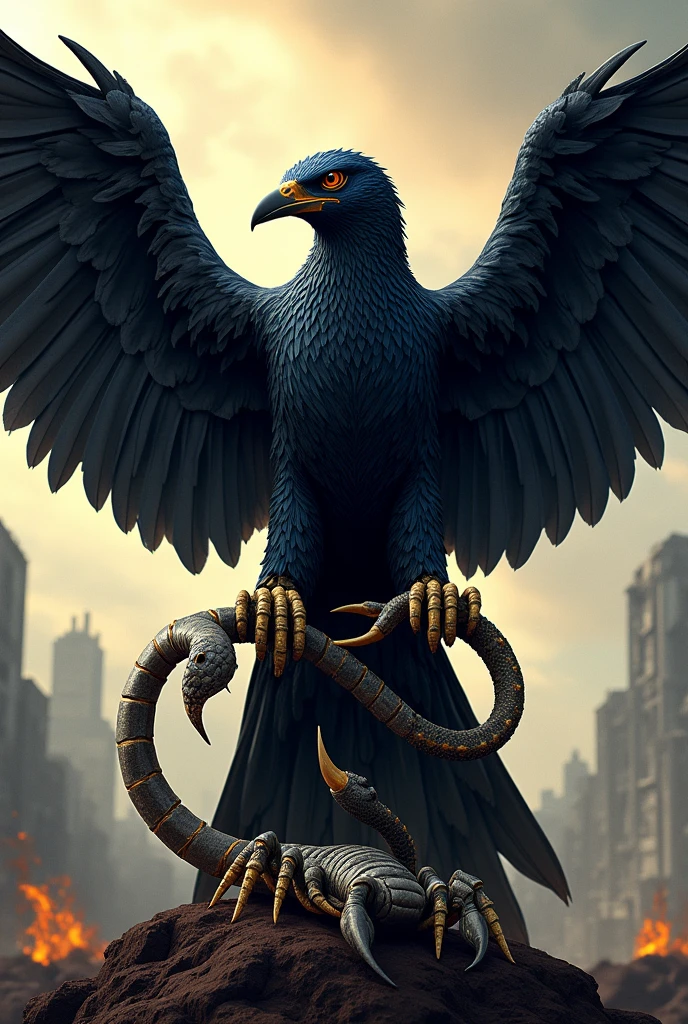 Do the Mockingjay from the Hunger Games but with a scorpion and a cobra (SNAKE) between its claws