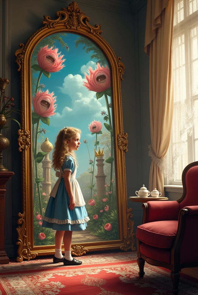 **Accurate description of the image:**
The picture shows Alice, a girl of about , standing in an elegantly decorated Victorian room. Alice has blonde hair, curly and long, with a light blue dress that reaches to her knees, adorned with a white apron. His expression is one of wonder and curiosity as he touches a large golden mirror., whose frame is ornate and detailed, with curves that look like intertwined golden snakes.
The room around Alice is lit by a soft light coming through a side window with lace curtains.. A red velvet armchair can be seen on the left., next to a tea table with delicate porcelain cups, and a chimney in the background, where a warm fire burns. The room has a cozy atmosphere, typical of a Victorian living room, with Persian rugs and decorative details in warm tones.
The mirror is the focal point of the image. The mirror surface appears to be rippling, as if it were liquid instead of solid. The reflection shows not only Alice's image, but a completely different world. Through the looking glass, A surreal and dreamlike landscape is glimpsed: a garden of giant flowers with petals that reveal human faces, looking at Alice with lively and curious expressions. The trees in this mirrored world have leaves shaped like chess pieces., and the sky is a vibrant mix of purple, pink and blue, creating a magical and slightly disturbing atmosphere.
In the depths of the reflection, almost hidden among the vegetation, Figures such as Tweedledee and Tweedledum can be seen, identical and dressed in similar clothing, motionless as if they were about to move or speak. The Red King and Queen can also be seen., walking on a giant chess board, with a majestic and dominant presence.
The image captures Alice's transition between two worlds: the comfort of her Victorian home and the bewildering fantasy that awaits her on the other side of the mirror. The esc