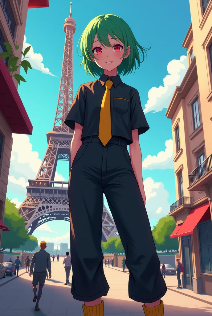 Girl with semi-long green hair, red eyes with a black short sleeve shirt, with a yellow tie and black pants with yellow socks, in the background in the landscape the Eiffel Tower. Digital art style.