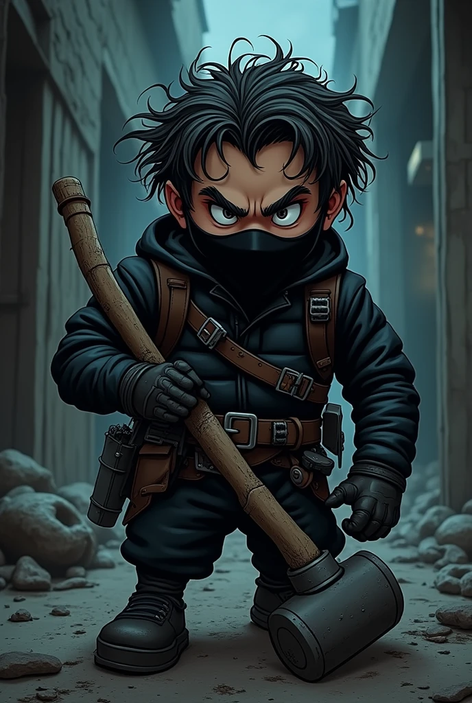 A man with messy hair wearing a black mask wearing a black outfit with accessories holding a sledgehammer Dark cartoon 