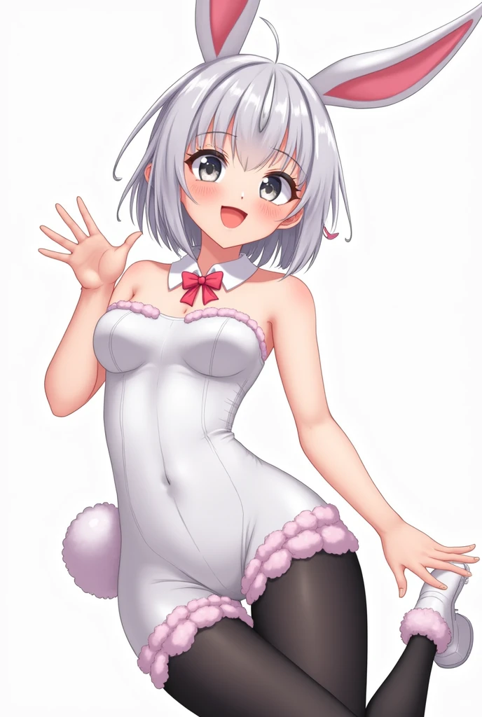 draw a anime girl with, white strapless bodysuit, white rabbit ears, white heels, black legs, white collar with pink bow, gray eyed, with a smile, blushing cheeks, in a mischievous pose, pink fur