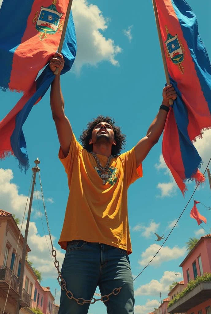 A person with a broken chain on his ankle lifting the banners of Honduran independence