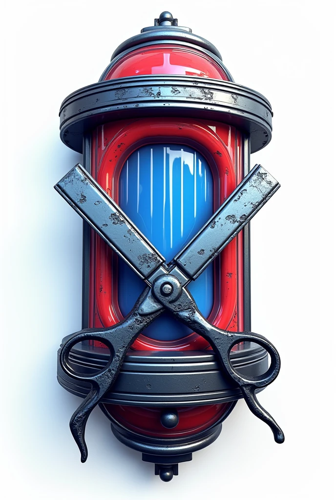 Barbershop sign with razor, scissors and black colors, white, blue, Hyper realistic futuristic red
