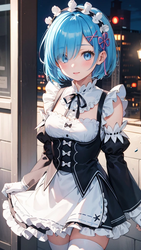 (Masterpiece), (artwork), (best quality), (highly detailed 8k CG wallpaper), (studio lighting), a beautiful girl, (detailed eyes, face), (detailed hair), city background scenery illuminated at night, cinematic indirect lighting, she is wearing a maid outfit, cute tiara with frills, white gloves, ruffled skirt, cute face, detailed-eyes, detailed-face, 1girl, Solo, High Resolution, apron, black ribbon, black skirt, black sleeves, detached collar, detached sleeves, flower, frilled apron, frilled skirt, frills, head wreath, long sleeves, maid, miniskirt, neck ribbon, purple ribbon, ribbon, ribbon trim, ribbon-trimmed sleeves, roswaal mansion maid uniform, short hair, skirt, thighhighs, waist apron, white apron, white thighhighs,rem, blue eyes, blue hair, hair ornament, hair over one eye, hair ribbon, short hair, x hair ornament