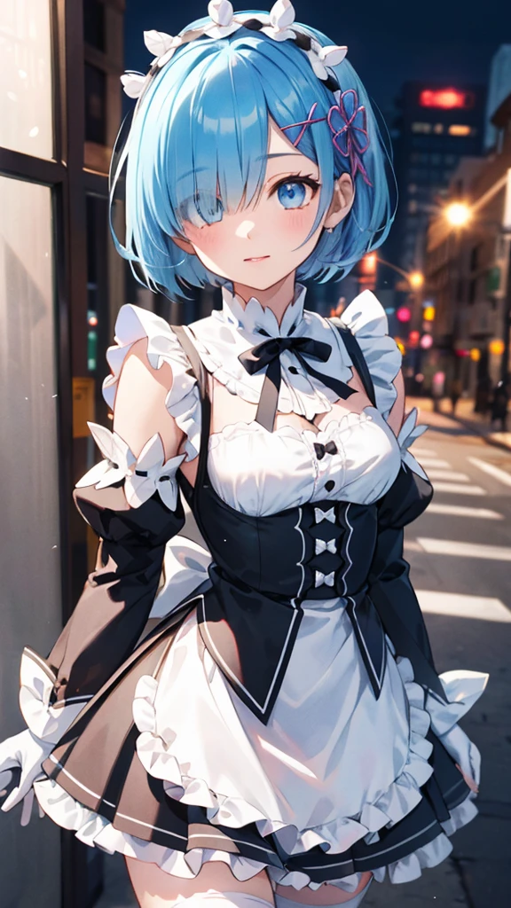 (Masterpiece), (artwork), (best quality), (highly detailed 8k CG wallpaper), (studio lighting), a beautiful girl, (detailed eyes, face), (detailed hair), city background scenery illuminated at night, cinematic indirect lighting, she is wearing a maid outfit, cute tiara with frills, white gloves, ruffled skirt, cute face, detailed-eyes, detailed-face, 1girl, Solo, High Resolution, apron, black ribbon, black skirt, black sleeves, detached collar, detached sleeves, flower, frilled apron, frilled skirt, frills, head wreath, long sleeves, maid, miniskirt, neck ribbon, purple ribbon, ribbon, ribbon trim, ribbon-trimmed sleeves, roswaal mansion maid uniform, short hair, skirt, thighhighs, waist apron, white apron, white thighhighs,rem, blue eyes, blue hair, hair ornament, hair over one eye, hair ribbon, short hair, x hair ornament