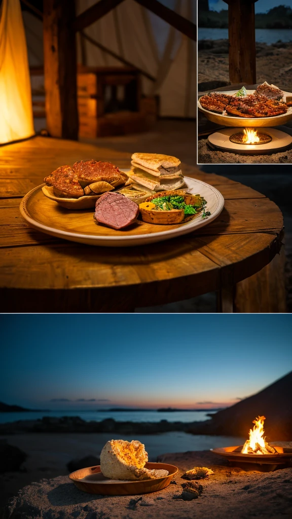 8k,Very detailed, masterpiece,High resolution,Highest quality,Increase the resolution,Cinema Lighting,Vessels made from animal bones，Primitive meat dishes，camp，Camp，Rum Rocks，whisky