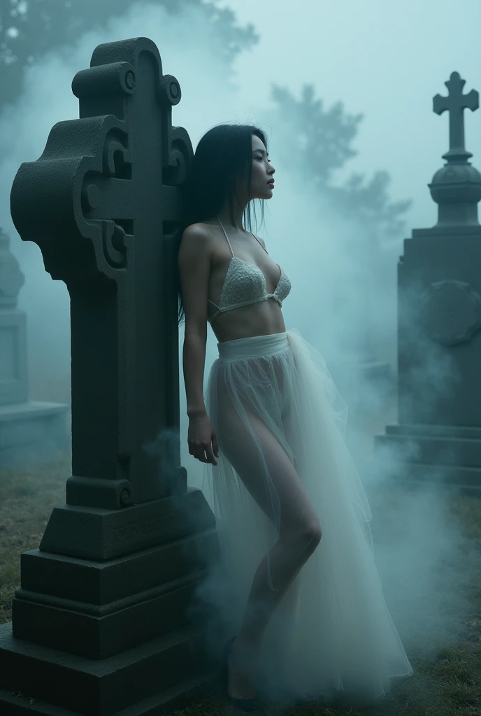 (Female ghost:1.7)、(((In the fog)))、((The body is blurred))、young woman、((Beauty))、Japanese、(cute)、1、((sexy))、Background Graveyard、(((Leaning on the grave)))、(((sexyな衣装)))、soul、(((Smoke is coming from below)))、(best quality,4K,8k,highres,masterpiece:1.2),ultra-detailed,(realistic,photorealistic,photo-realistic:1.37),HDR,uhd,studio lighting,ultra-fine painting,sharp focus,physically-based rendering,extreme detail description,professional,vivid colors,bokeh,cinematic lighting,dramatic shadow,