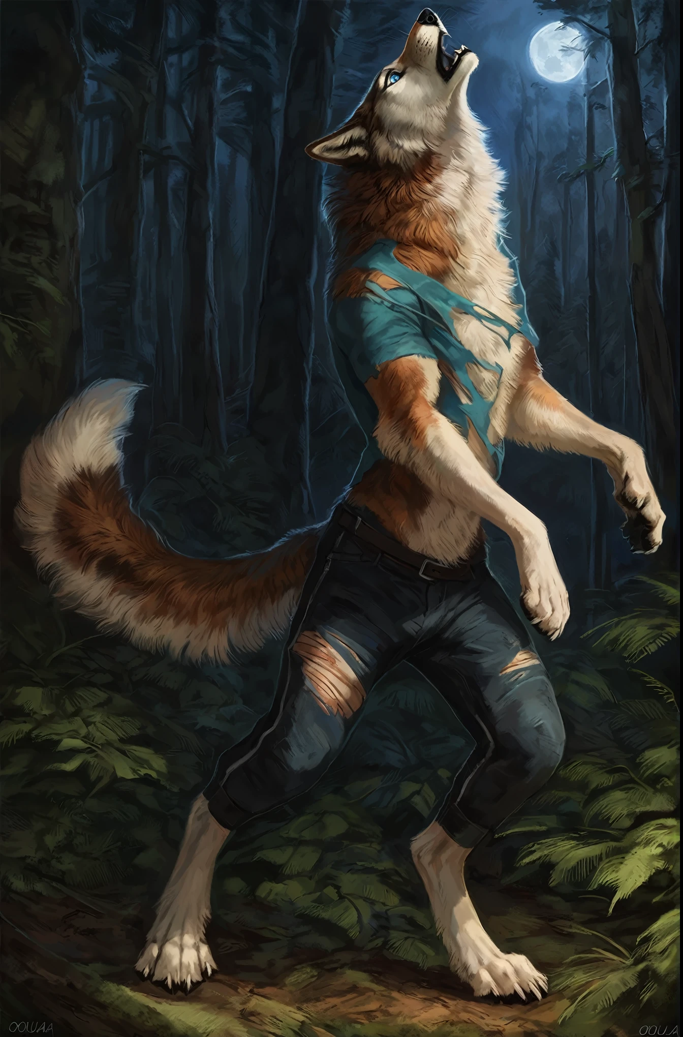 male wolf mid transformation, solo, (Multi-colored fur, White-brown:1.3), ((Wolf face, Big eyes, White eyelids, Blue pupil, Slim:1.2) (Tough, Calm expression:1.2)), (Height 2.1 meters,Tail length 1.5m), Abs, Slim, pinging, (Correct anatomy), (Contour bone:1.2), (detailed outfits), a long large tail，(Realistic fur, Detailed fur texture, labeled:1.3)), (Natural lighting), masterpiece, best art, digitigrade, by dan mumford, by oouna, torn pants, torn shirt, detailed hands, detailed eyes, detailed torso, forest, howling expression, transformation, human face, night, moon, howling up, muscular