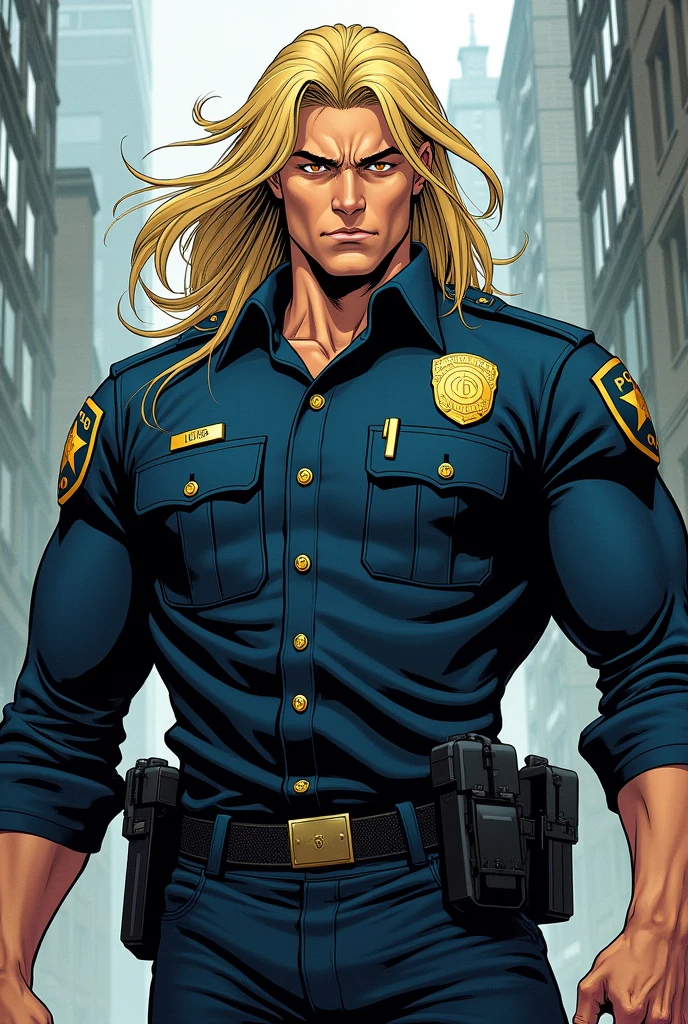 Manhwa man with long blond hair, muscular, marked jaw and yellow eyes, dressed as a police officer