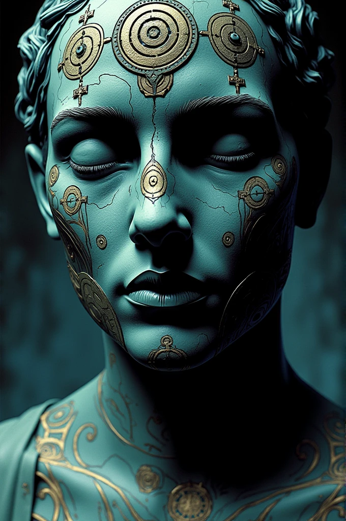 supper: Close-up of statue with series of strange symbols.
In comic form