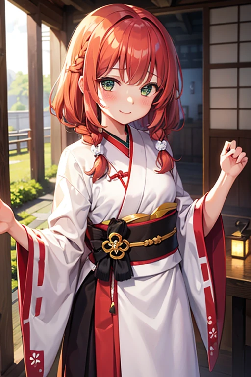 Kizi, ssmile, chestnut hair, Princess Cut, Braid, curly hair, cinchona, Japanese clothing, medium hair, greeneyes, clip, looking ahead at viewer