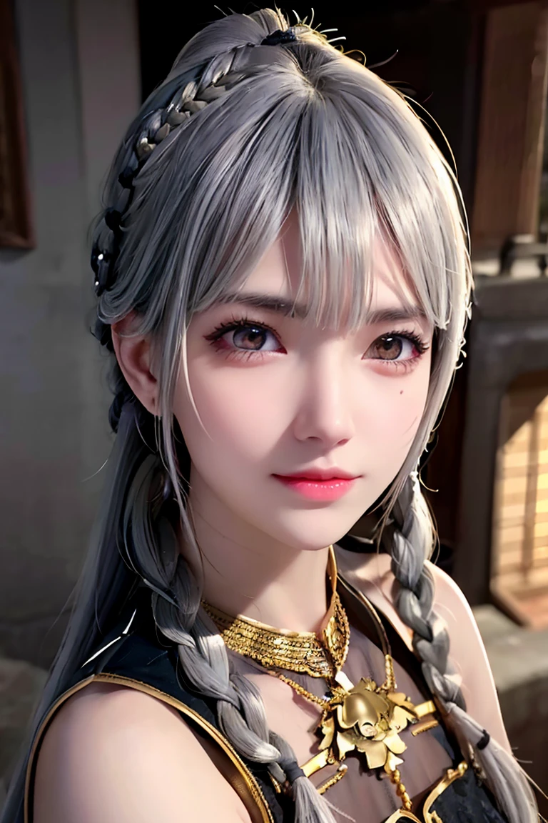 Highest quality, masterpiece,Gray Hair, Golden Eyes,knight, look up, Upper Body,hair,Fair skin,Side braid、knightの鎧、Underground City