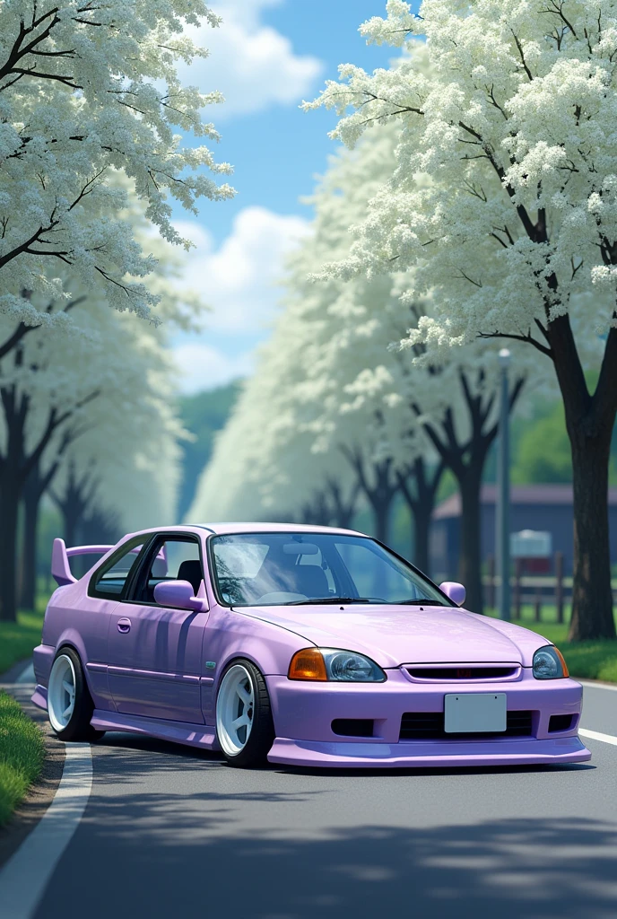 A 1995 Honda Civic with no license plate, lavender color, with a front lip and simple side skirts and white wheels in front of trees with white flowers on a street in Japan in wallpaper format