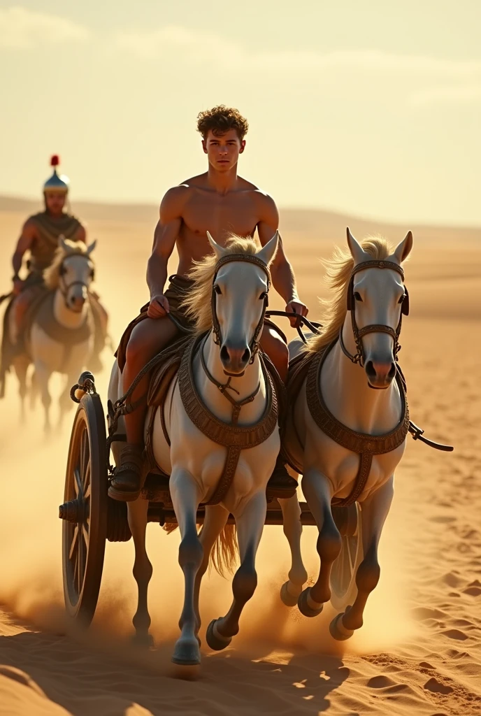 A young skinny prince white skin beautiful face handsome shirtless in a small Roman carriage with 4 horses in the desert miestras otro romano lo persigue en otro caruaje