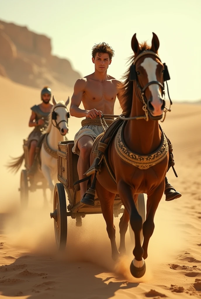 A young skinny prince white skin beautiful face handsome shirtless in a small Roman carriage with 4 horses in the desert miestras otro romano lo persigue en otro caruaje