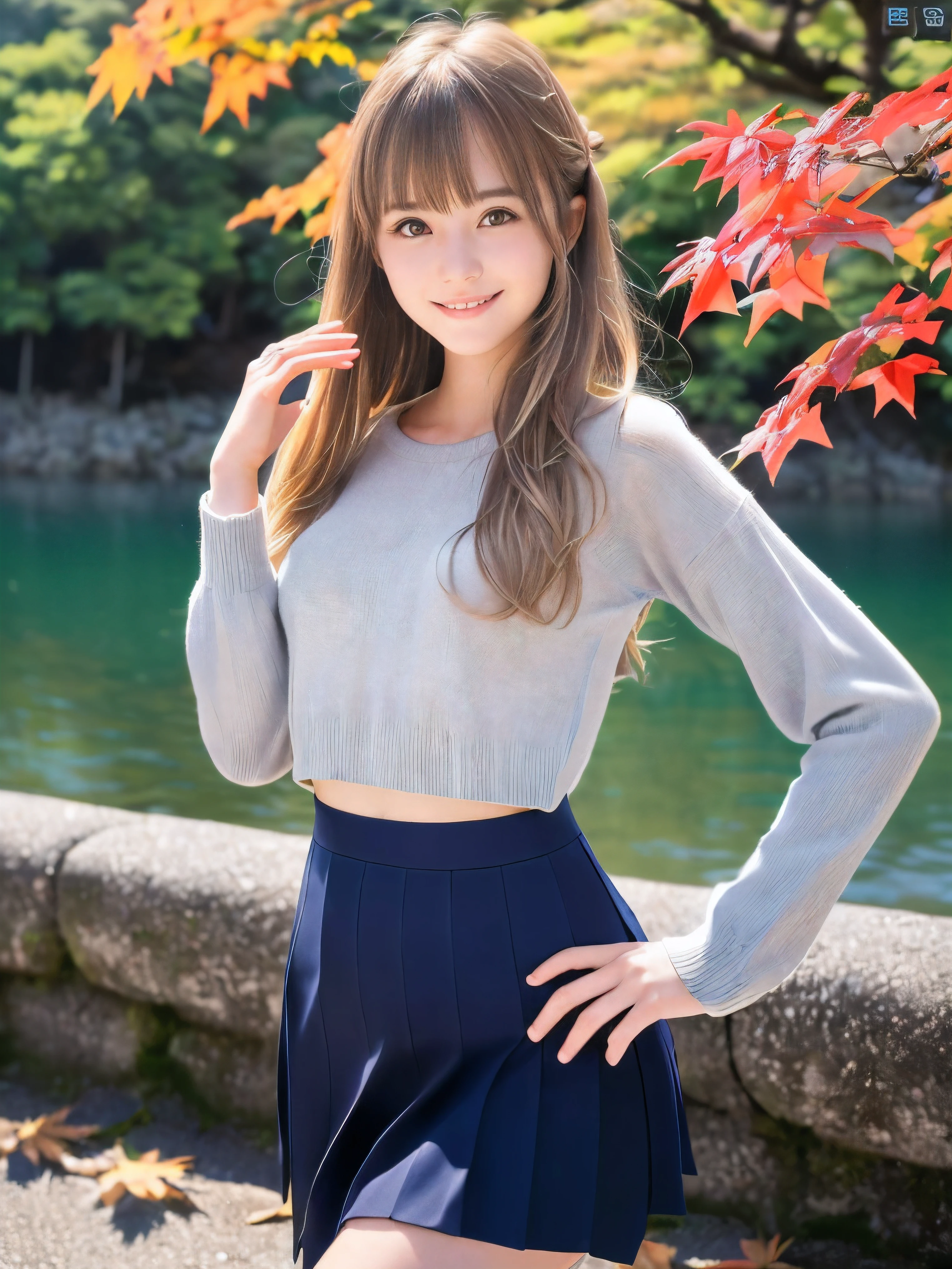 (Close up face shot of one slender small breasts half up blonde long hair with bangs girl in a long sleeves shirt and sweater and skirt:1.5)、(One blonde hair girl is dancing with happy smile on the dart road near the lake and big waterfall in Japan:1.5)、(Beautiful autumn red leaves landscpe:1.5)、(Natural light:1.5)、(8k ultra detailed master piece:1.5)、(perfect anatomy:1.5)、(Photorealistic stick:1.5)、(Raw photo:1.3)、(highest quality:1.5)、(High resolution:1.3)、(Delicate and beautiful perfect face:1.3)、(Delicate and beautiful eye air skin:1.3)、(Real Human Skin:1.3)、((thin legs))