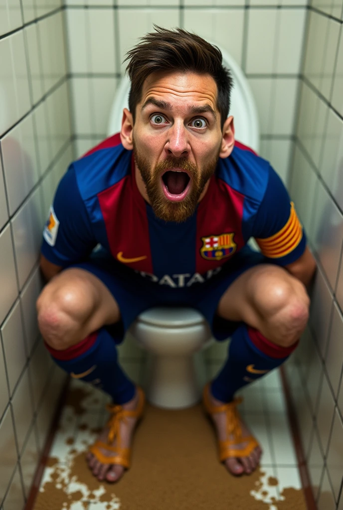 Lionel Messi who is shocked to be caught eating poop in the toilet because he has a lot of it on him
