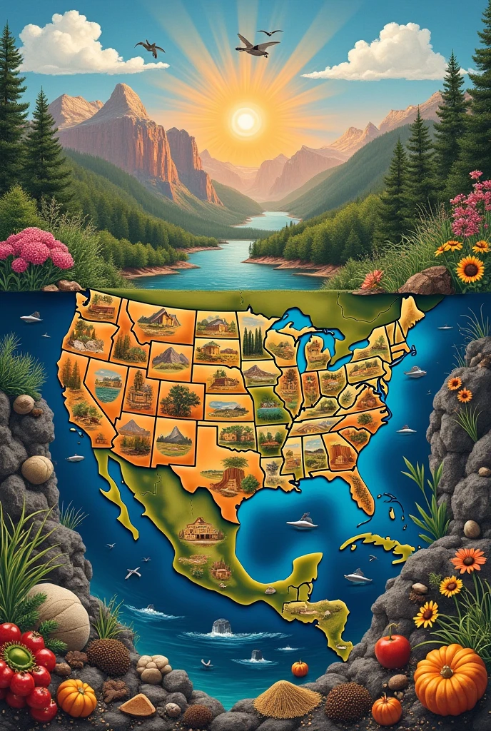 In a single image Create a collage containing the natural resources of America 